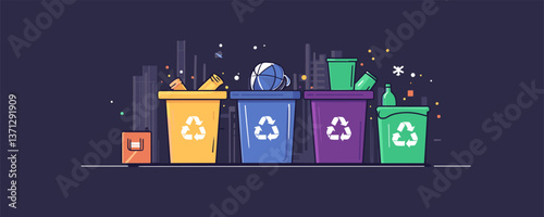 Colorful recycling bins with waste sorting in urban setting - vector