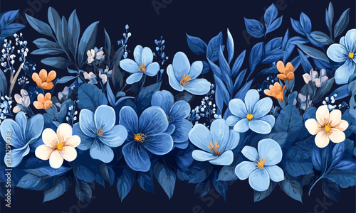 Elegant blue floral border with lush foliage and blossoms on dark background - vector