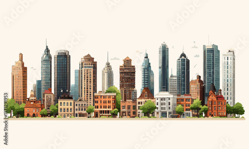 Vibrant urban skyline with diverse architecture and green spaces, cityscape art vector