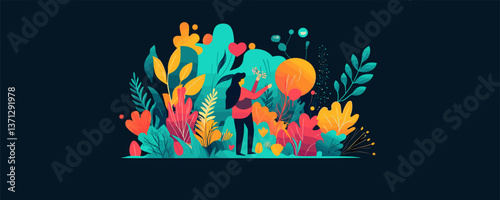 Woman in lush colorful garden with abstract foliage and shapes - vector