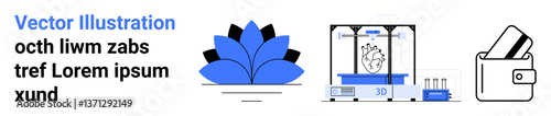 Three distinct icons represent technology and creativity a stylized blue flower, a 3D printer creating a model heart, and a digital wallet with cards. Ideal for tech, innovation, design, finance