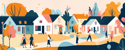 Charming neighborhood scene with autumn trees and people strolling - vector