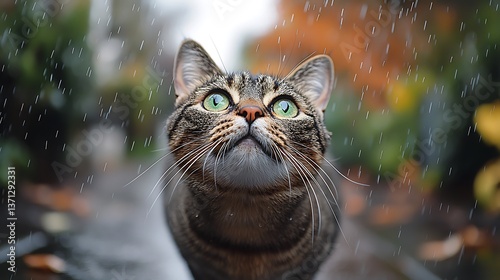 Tabby cat in autumn rain