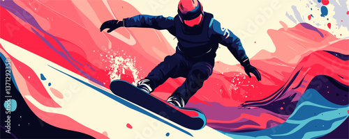 Snowboarder on vibrant abstract slope with dynamic colors – vector