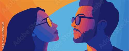 Colorful couple portrait with sunglasses in modern art style - vector