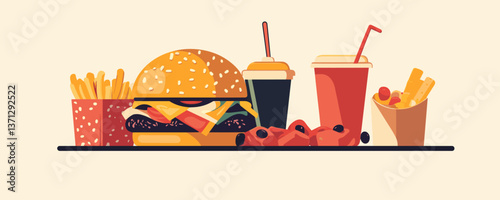 Fast food combo with drinks and fries on display - vector