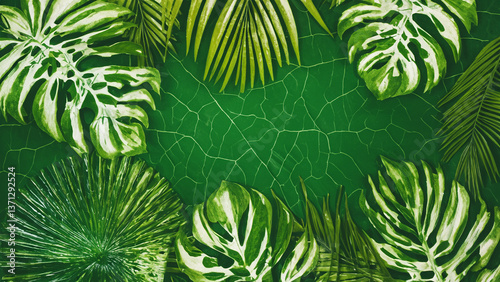 Texture background with different exotic leaves