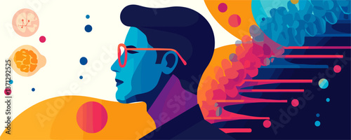 Abstract profile of thoughtful man with colorful brain elements - vector