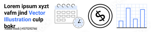 Calendar with clock, dollar symbol, and bar chart diagram represent time tracking, financial planning, and performance. Ideal for time efficiency, budgeting, finance management, scheduling