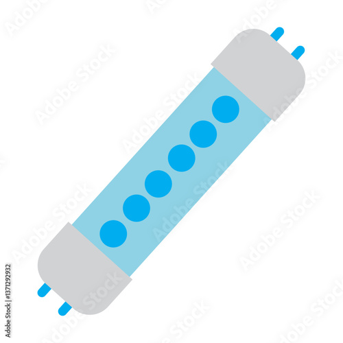 Flat Vector Illustration of a Modern Blue Fluorescent LED Tube Light with Gray End Caps and Circular Elements on a White Background