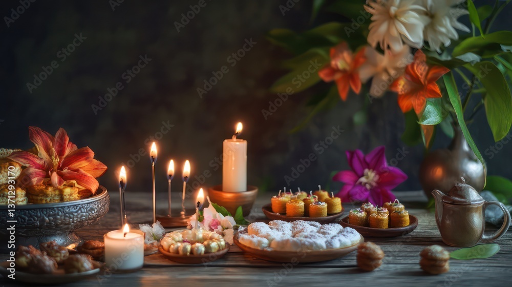 Naklejka premium A serene cultural birthday scene featuring symbolic items like candles, flowers, and traditional sweets on a wooden table