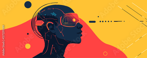 Futuristic human with vr headset in a vibrant abstract background vector
