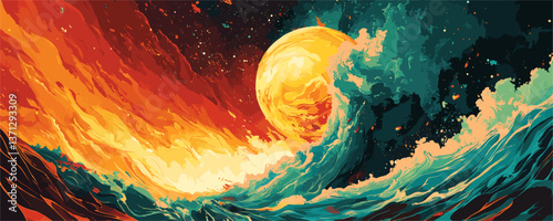 Dramatic sun and wave fusion in cosmic ocean scene, colorful abstract art vector