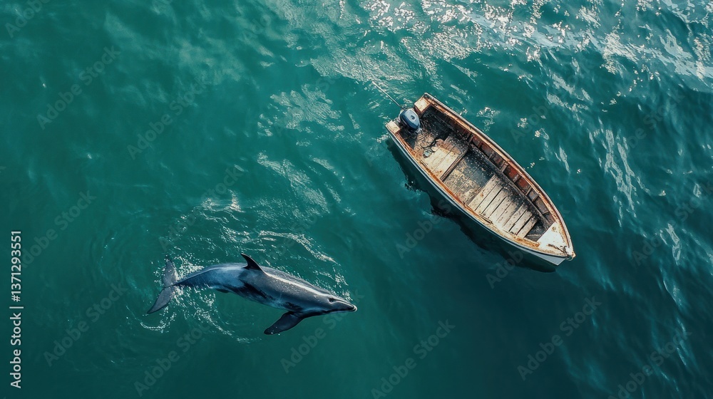 Naklejka premium Aerial view of a dolphin swimming near a small wooden boat on the turquoise water.