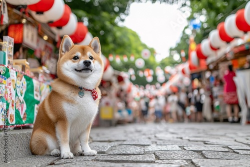 Shiba inu sitting at Japanese summer festival with food stalls and lanterns
