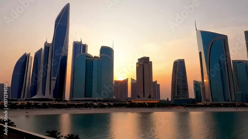 Abu Dhabi's skyline Modern buildings reflect the colors of the sunset over the water