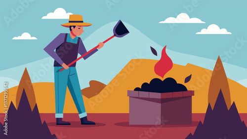 A farmer carefully monitors the temperature of a covered charcoal pit making sure it remains at the perfect level for producing highquality charcoal.. Vector illustration