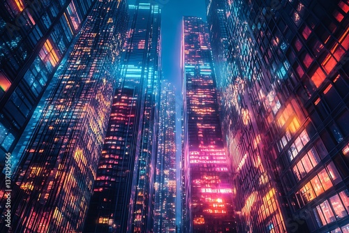 Futuristic skyscrapers with glowing windows in a cyberpunk cityscape