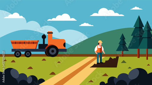 A lone farmer driving his tractor pauses to watch as a slowmoving coal train crosses over a nearby road.. Vector illustration
