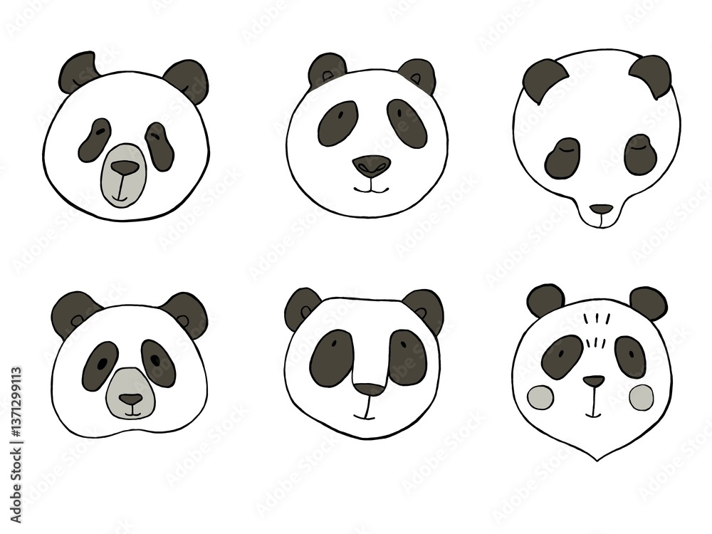 Fototapeta premium Panda face, six characters, black and white sketch.