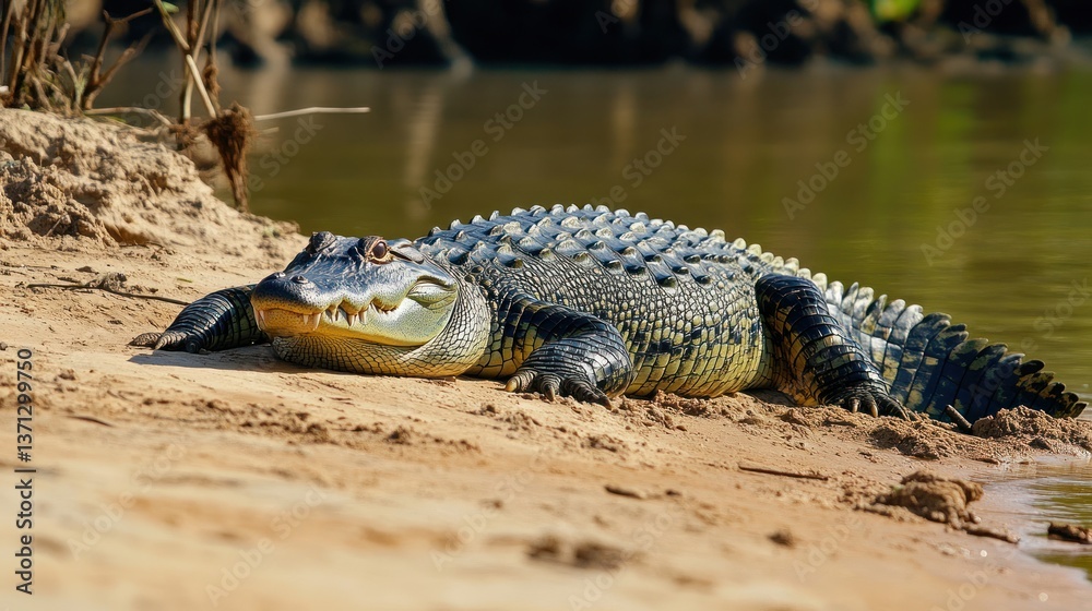 Fototapeta premium American alligator basking on sandy riverbank.