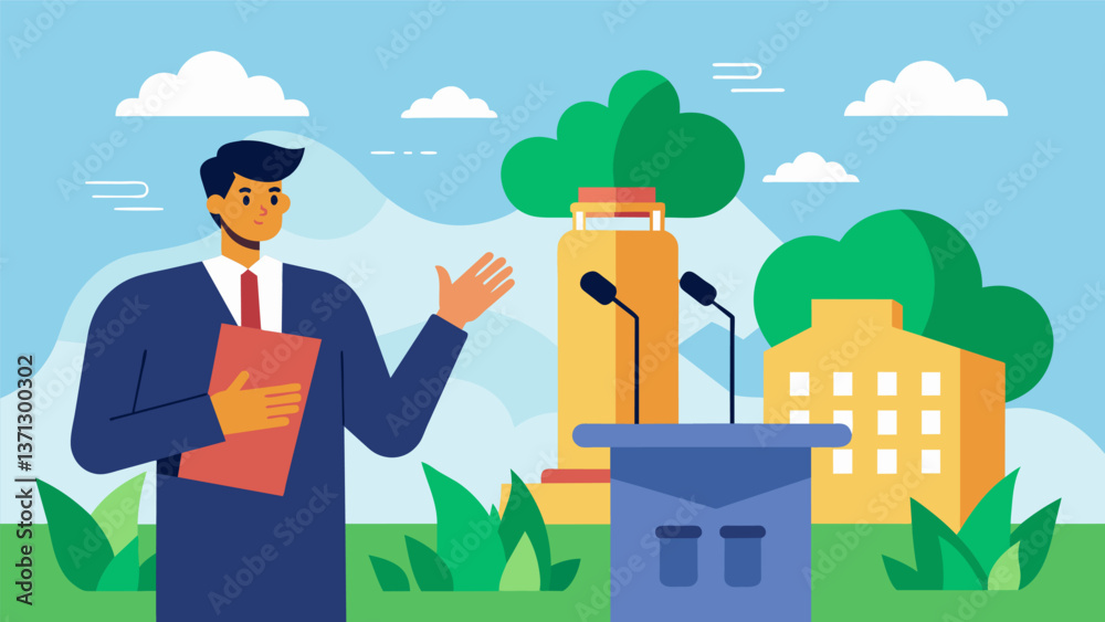 Naklejka premium A guest speaker at a college campus event sharing the importance of investing in clean coal technology for a sustainable future.. Vector illustration