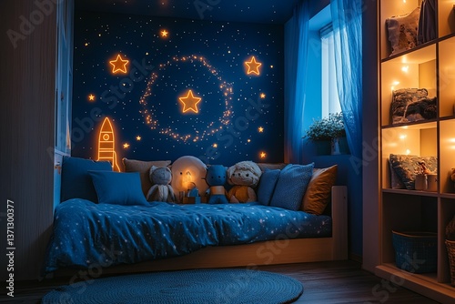 A cozy childs bedroom decorated with space themed imagery and soft lighting