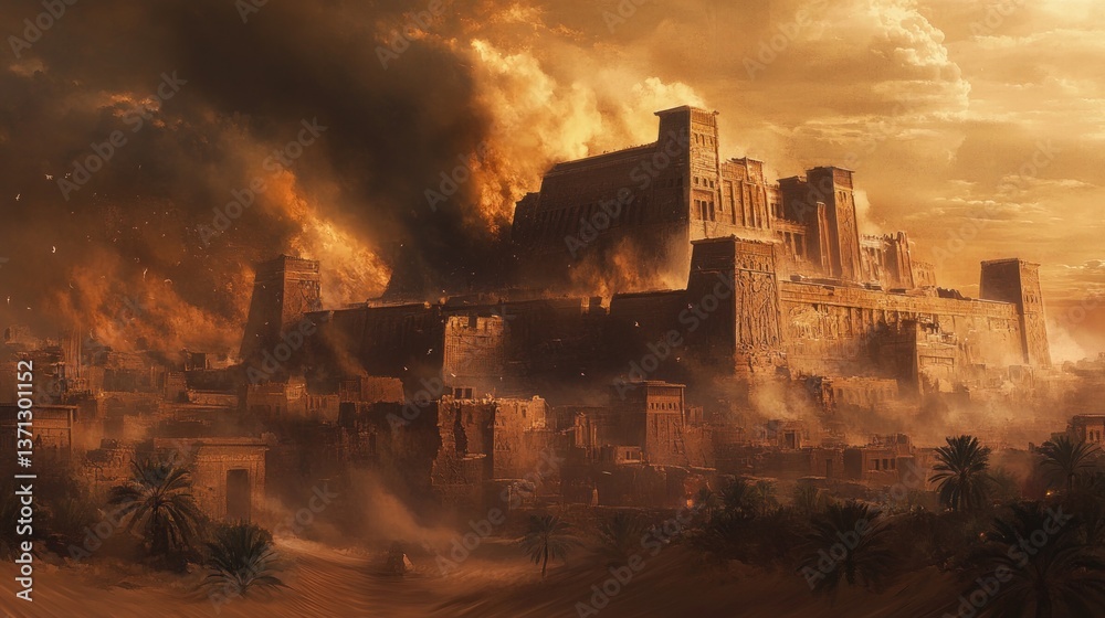 Fototapeta premium Ancient desert city engulfed in a sandstorm. Vast, crumbling structures amidst a dramatic sandstorm.