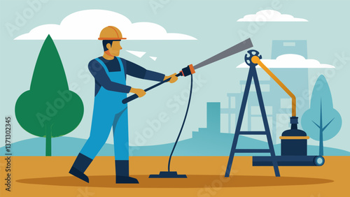 A maintenance worker using a powerful pressure washer to blast away stubborn buildup inside an oil wells housing.. Vector illustration