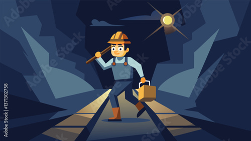 A determined coal miner adorned with a headlamp cautiously navigating through the narrow pathways of the coal mine.. Vector illustration