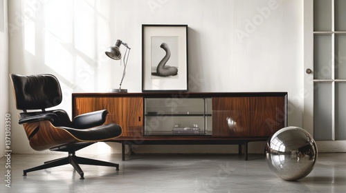 Fototapeta Naklejka Na Ścianę i Meble -  Mid-century modern living room, leather chair, wood sideboard, swan artwork, minimalist design, home decor