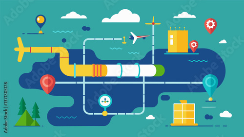 A map with annotations and callouts providing additional information on the pipeline network such as its capacity length and major destinations it. Vector illustration