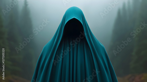 Mysterious Hooded Figure in a Foggy Forest