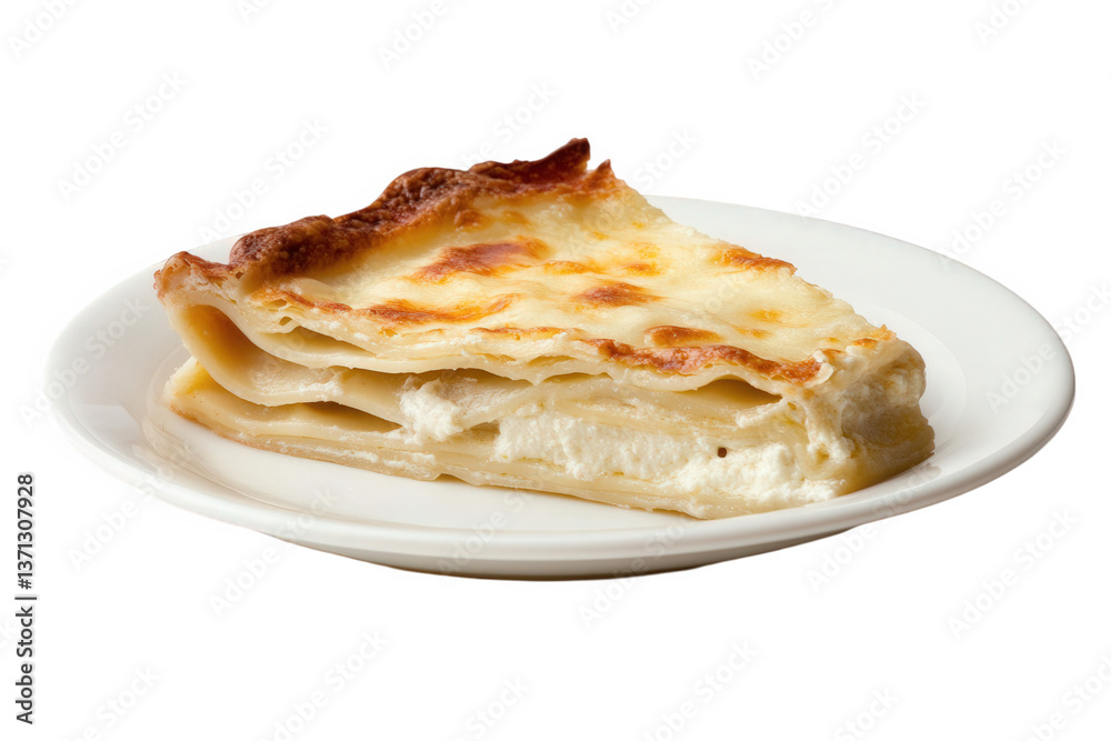 Delicious slice of creamy lasagna served on a white plate with a transparent background for easy integration into various culinary designs and promotions showcasing Italian cuisine Delicious slice of creamy lasagna served on a white plate with a transparent background for easy integration into various culinary designs and promotions showcasing Italian cuisine
