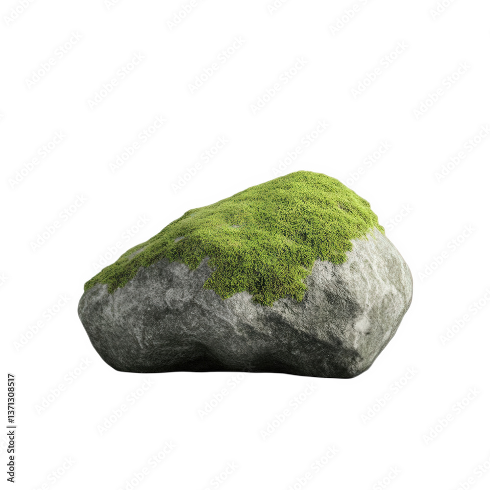 Natural grey rock covered in green moss on a white background displaying a tranquil, organic element suitable for various design projects or nature themes Natural grey rock covered in green moss on a white background displaying a tranquil, organic element suitable for various design projects or nature themes