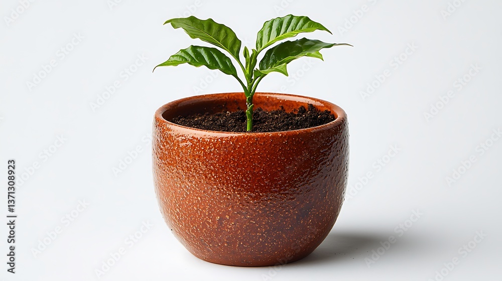 Fototapeta premium Young coffee plant in terracotta pot