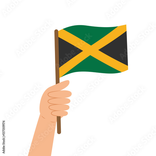 Hand holding a flag of Jamaica. Vector illustration of the Jamaican flag in flat style isolated on white background.