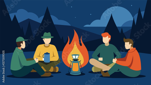 A group of campers huddled around a roaring fire warmed by the comforting sound of a diesel generator powering their lanterns and cooking equipment.. Vector illustration
