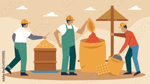 A group of workers bags the dried and cooled wood pellets into large sacks for storage and distribution.. Vector illustration