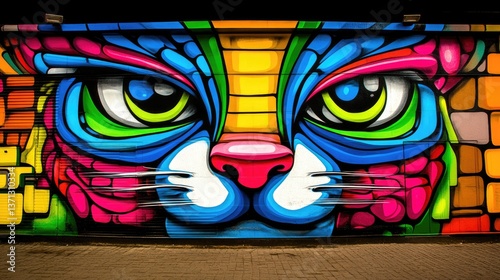 Colorful cat mural. Vibrant eyes, pink nose, and abstract design on textured brick