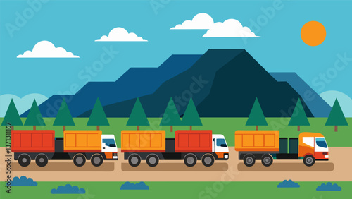 A line of trucks hauling away the dried out and compacted coal ash waste ready to be transported to a landfill site.. Vector illustration