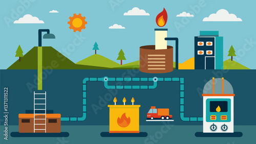 A detailed diagram showing the different stages of underground coal gasification from preheating to gas production to storage and transport.. Vector illustration