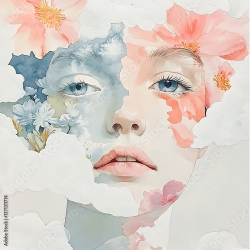 Double Exposure Art of Woman’s Face with Flowers and Vitiligo