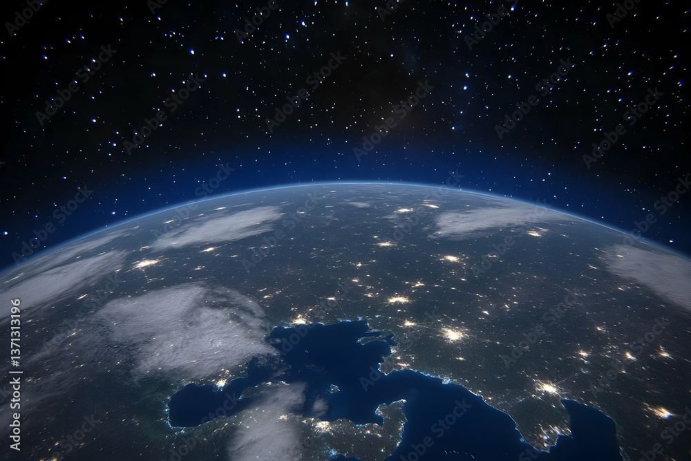 Fototapeta premium 3D Render Of Earth At Night With Stars And City Lights