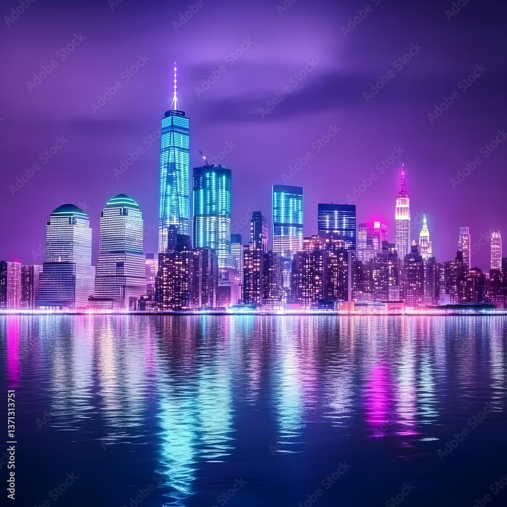 Obraz premium Night Cityscape Photo with Reflections of Illuminated Buildings and Purple Hues