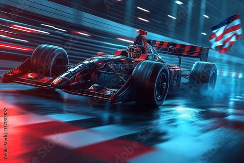 A Formula One race car speeding down a wet racetrack