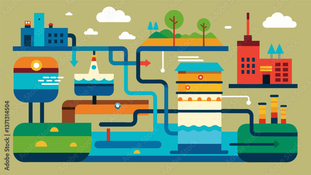 A layered map with different colors and textures showing the underground pipelines as well as aboveground facilities such as pumping stations and. Vector illustration A layered map with different colors and textures showing the underground pipelines as well as aboveground facilities such as pumping stations and. Vector illustration