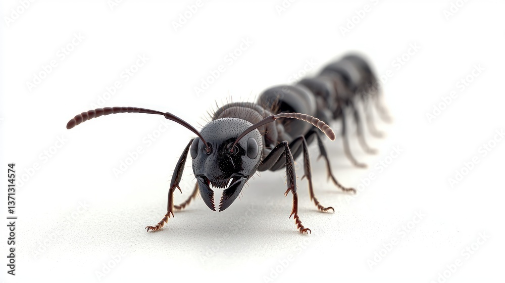 Close-up view of a black ant showcasing its features on a white background, highlighting its anatomy Close-up view of a black ant showcasing its features on a white background, highlighting its anatomy