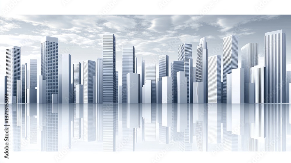 Fototapeta premium Cityscape, modern buildings, reflection, cloudy sky, urban background, website header