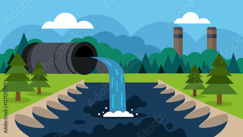 A drainage pipe pumping out a steady stream of dark polluted water from the coal ash waste ponds into a nearby river.. Vector illustration